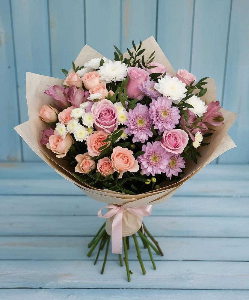 Букет цветов из: Хризантемы, Розы и Альстромерии в Болтино