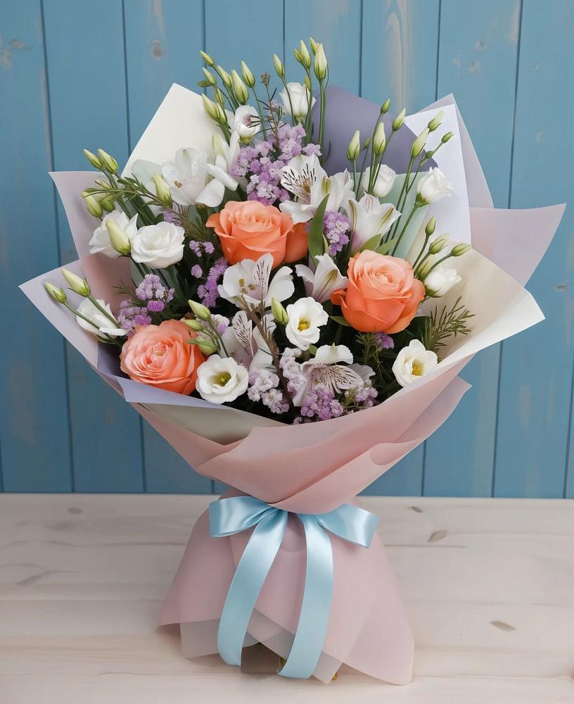 Букет цветов из: Лизиантусы, Розы, Альстромерии и Гипсофила в Болтино