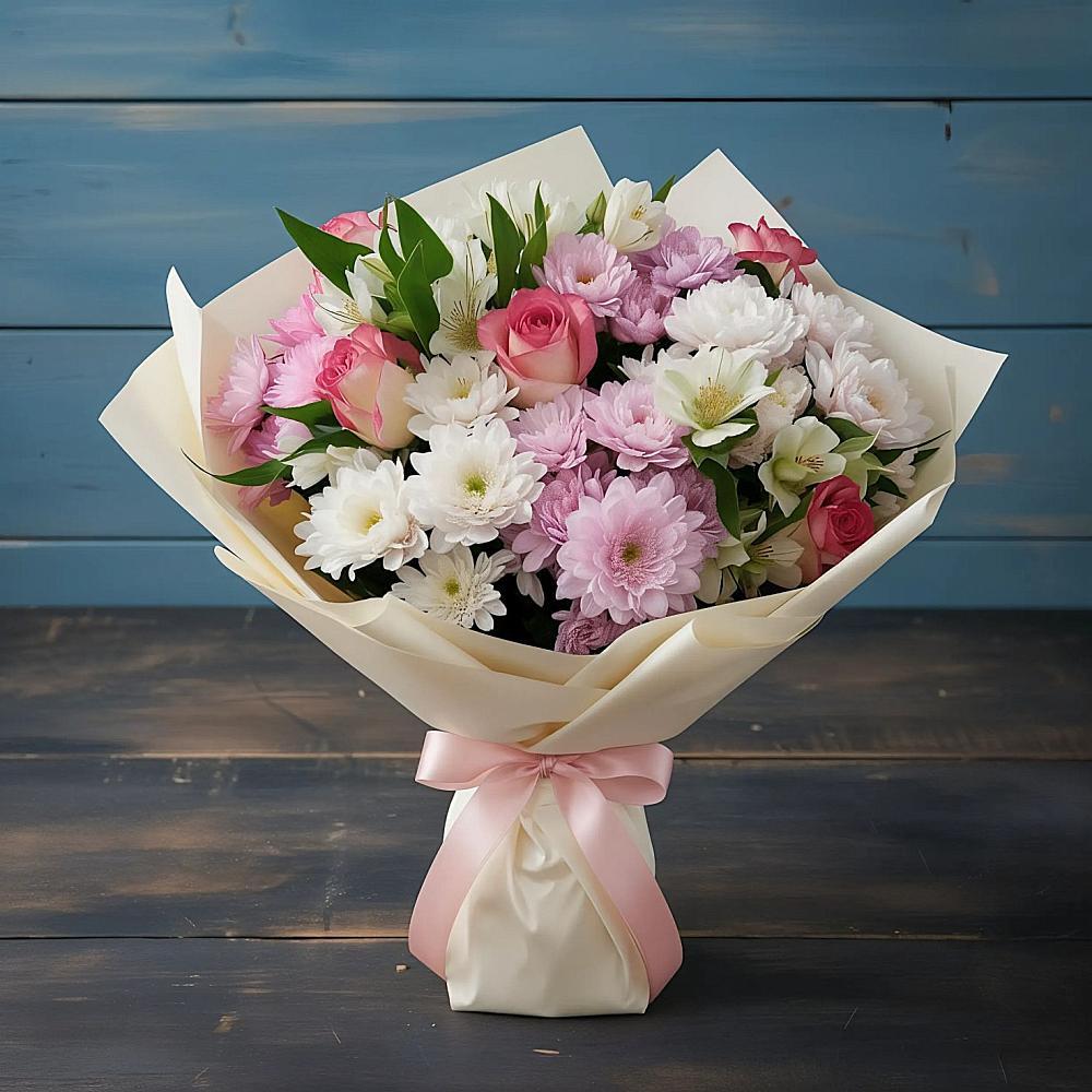 Букет цветов из: Хризантемы, Альстромерии и Розы в Болтино